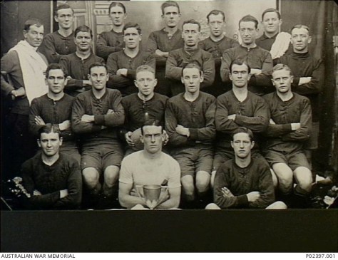 Members of the 23rd Battalion Headquarters football team, Belgium, 1917. Stephen William Holman is at the far right of the back row